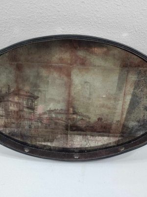 Painted Aged Mirror Tray with Leather Trim