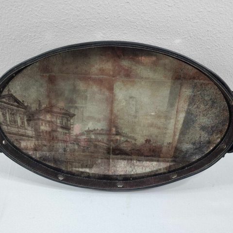 Painted Aged Mirror Tray with Leather Trim